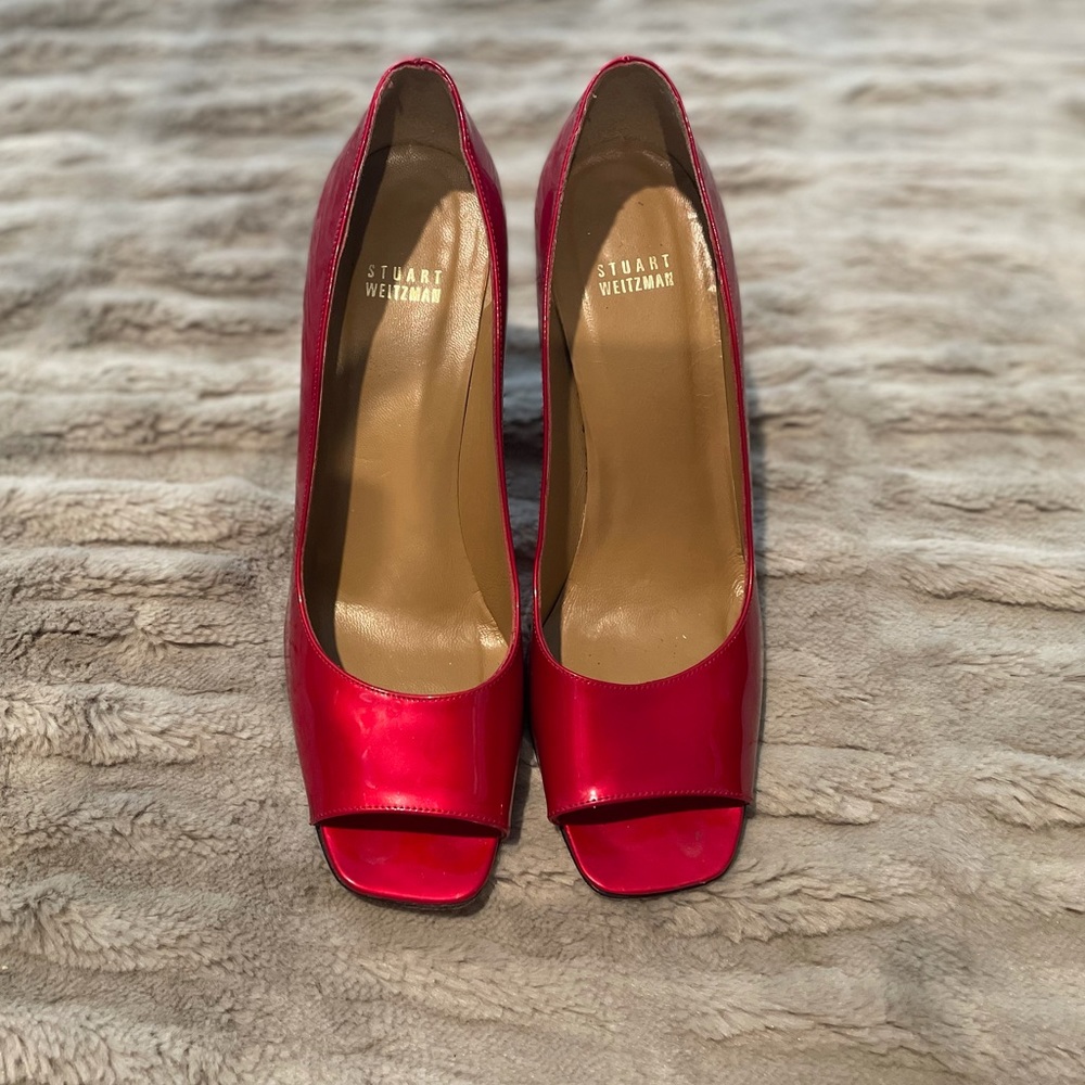 Stuart Weitzman Patent Red Square Peep Toe Heels … - image 5